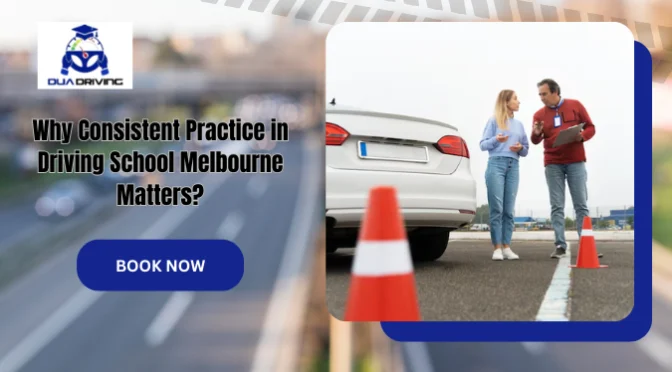 Driving School advertisement showing a learner driver receiving guidance from a driving instructor beside a vehicle during a practical driving lesson.