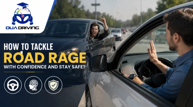 Road rage situation on the road with an angry driver confronting another motorist, highlighting safe and confident driving with DUA Driving.